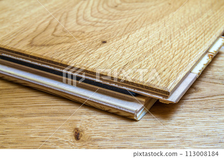 Brown wooden parquet floor planks installation , close up. Carpentry concept. Brown wooden parquet floor planks installation , close up. Carpentry concept. 113008184