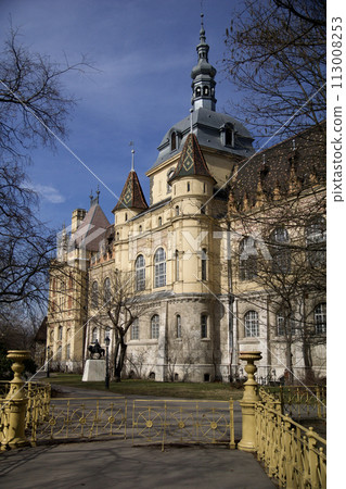 BUDAPEST, HUNGARY - 04 MAR 2019: The famous Vajdahunyad Castle in the City Park of Budapest BUDAPEST, HUNGARY - 04 MAR 2019: The famous Vajdahunyad Castle in the City Park of Budapest 113008253