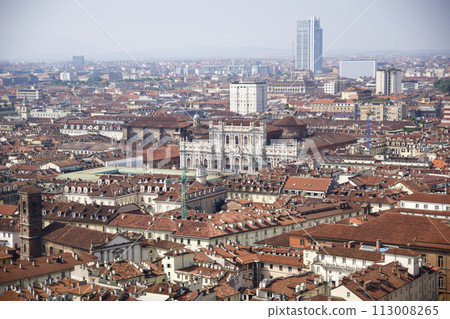 TURIN, ITALY - 15 SEP 2019: Panoramic view of the Turin skyline from the top of the Mole Antonelliana TURIN, ITALY - 15 SEP 2019: Panoramic view of the Turin skyline from the top of the Mole Antonelliana 113008265