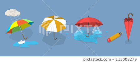 3D Isometric Flat Vector Illustration of Umbrella Collection, Rain Pprotection Parasols 113008279