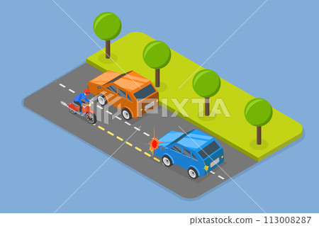 3D Isometric Flat Vector Illustration of Motorcycle Accident, Bike Riding Rules and Road Safity 113008287