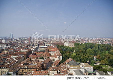 TURIN, ITALY - 15 SEP 2019: Panoramic view of the Turin skyline from the top of the Mole Antonelliana 113008290