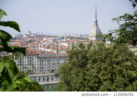 TURIN, ITALY - 15 SEP 2019: Panoramic view of the Turin skyline from the hill, with the Mole Antonelliana and other famous buildings TURIN, ITALY - 15 SEP 2019: Panoramic view of the Turin skyline from the hill, with the Mole Antonelliana and other famous buildings 113008292