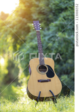 Acoustic guitar outdoors on greenery background. Concept of calm music 113008352