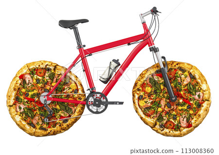 Pizza delivery, concept. Bicycle with pizza wheels, 3D rendering Pizza delivery, concept. Bicycle with pizza wheels, 3D rendering 113008360