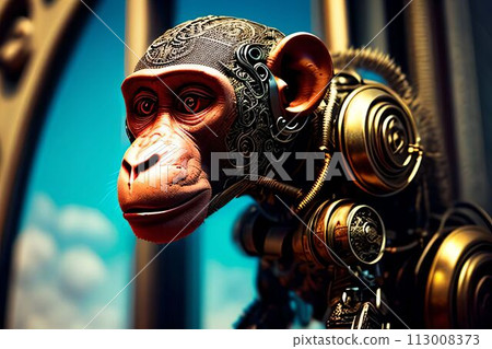 Portrait of high-tech monkey made out of metal generated by AI. Portrait of high-tech monkey made out of metal generated by AI. 113008373