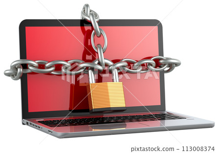 Notebook computer with chain and padlock, 3D rendering 113008374