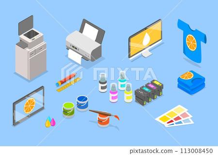 3D Isometric Flat Vector Set of Items For Printing , T-shirt Printing Specialized Equipment 3D Isometric Flat Vector Set of Items For Printing , T-shirt Printing Specialized Equipment 113008450