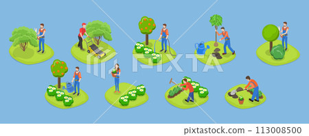3D Isometric Flat Vector Set of Garden Tools And People, Landscape Designers and Farming Equipment 113008500
