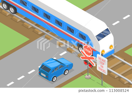 3D Isometric Flat Vector Illustration of Railroad Crossing, Safe Driving 113008524