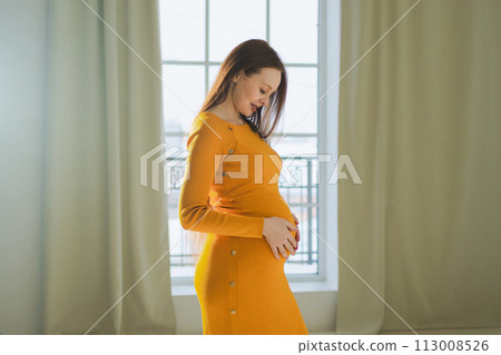 Pregnancy motherhood people expectation future. Pregnant woman with big belly standing near window at home. Girl hugging her tummy enjoying pregnancy. Maternity tenderness parenthood new life concept Pregnancy motherhood people expectation future. Pregnant woman with big belly standing near window at home. Girl hugging her tummy enjoying pregnancy. Maternity tenderness parenthood new life concept 113008526