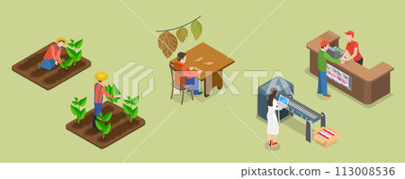 3D Isometric Flat Vector Illustration of Tobacco Industry, Cigarette Production 3D Isometric Flat Vector Illustration of Tobacco Industry, Cigarette Production 113008536