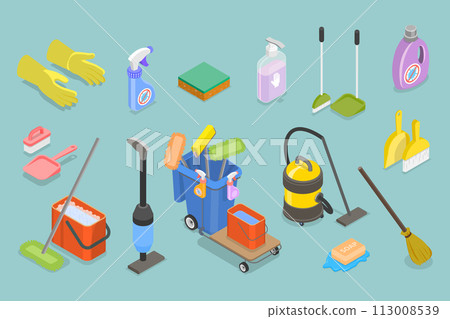 3D Isometric Flat Vector Illustration of Cleaning Items, Domestic Housekeeping Products 113008539