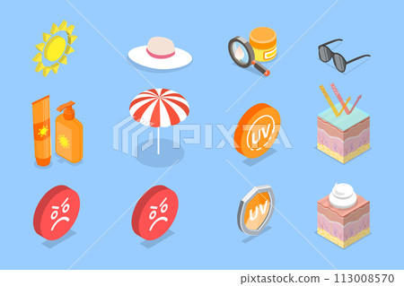 3D Isometric Flat Vector Set of UV Protection Items, Summer or Seaside Vacations Cosmetics 113008570
