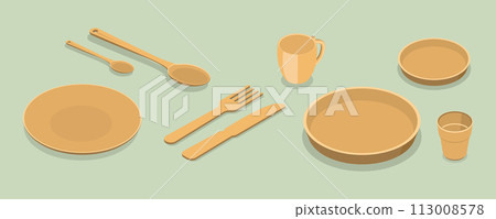 3D Isometric Flat Vector Set of Eco-Friendly Dinnerware, Sustainable Wooden Cutlery and Plates 113008578