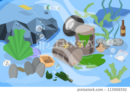 3D Isometric Flat Vector Illustration of Dirty Underwater Landscape , Ocean Pollution Impact on Ecosystem 113008592