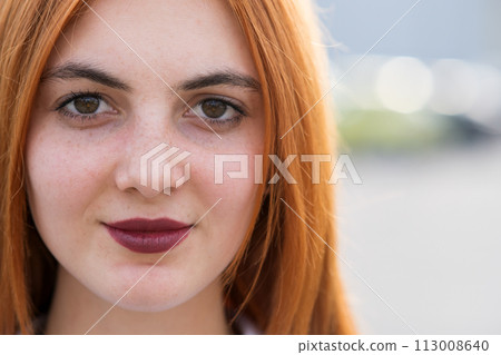 Closeup face portrait of a girl with red hair and clear eyes. Closeup face portrait of a girl with red hair and clear eyes. 113008640