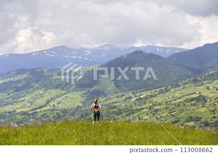 Back view of slim young woman standing on grassy valley on background of green mountains on sunny summer day. 113008662