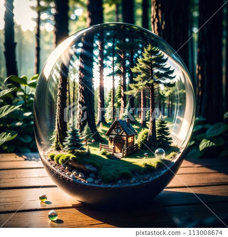 Crystal globe on moss in a forest - environment concept. Generative AI Crystal globe on moss in a forest - environment concept. Generative AI 113008674