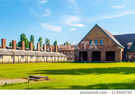 The infamous Auschwitz concentration camp with its characteristic brick buildings and fences under a clear sky, now a site of remembrance. Oswiecim, Poland 113008784