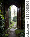 3d rendering of a fantasy doorway portal framed by green vines leading into a idyllic garden. Generative AI 113008806