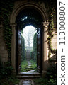 3d rendering of a fantasy doorway portal framed by green vines leading into a idyllic garden. Generative AI 113008807