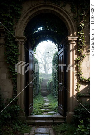 3d rendering of a fantasy doorway portal framed by green vines leading into a idyllic garden. Generative AI 113008807