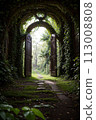 3d rendering of a fantasy doorway portal framed by green vines leading into a idyllic garden. Generative AI 113008808