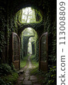 3d rendering of a fantasy doorway portal framed by green vines leading into a idyllic garden. Generative AI 113008809