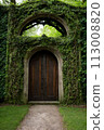3d rendering of a fantasy doorway portal framed by green vines leading into a idyllic garden. Generative AI 113008820
