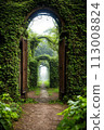 3d rendering of a fantasy doorway portal framed by green vines leading into a idyllic garden. Generative AI 113008824