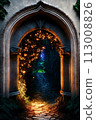 Ancient stone portal with a staircase illuminated by a mysterious light. Generative AI 113008826