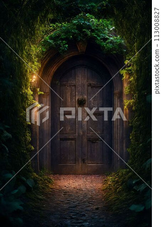 A way to freedom. Dirt road in green meadow in open door of ancient house. Photo toned in brown color. Generative AI 113008827