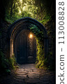 Ancient stone portal with a staircase illuminated by a mysterious light. Generative AI 113008828