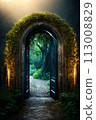 Ancient stone portal with a staircase illuminated by a mysterious light. Generative AI 113008829