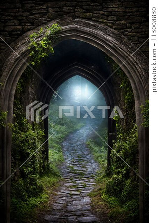 A way to freedom. Dirt road in green meadow in open door of ancient house. Photo toned in brown color. Generative AI 113008830