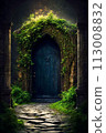 3d rendering of a fantasy doorway portal framed by green vines leading into a idyllic garden. Generative AI 113008832