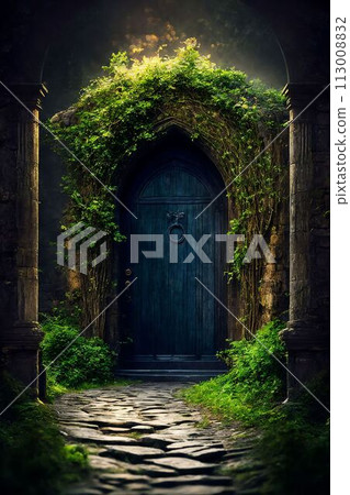 3d rendering of a fantasy doorway portal framed by green vines leading into a idyllic garden. Generative AI 113008832
