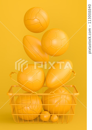 Set of ball like basketball, football and golf in shopping basket on monochrome Set of ball like basketball, football and golf in shopping basket on monochrome 113008840