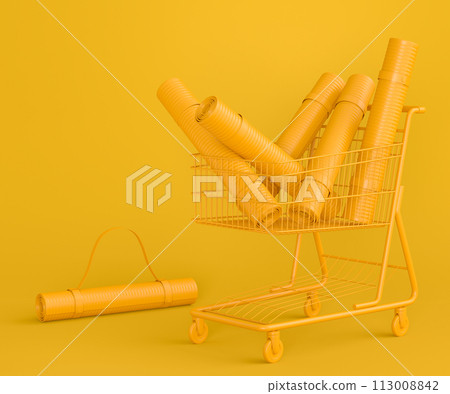 Sport equipment like yoga mat for fitness in shopping cart on monochrome Sport equipment like yoga mat for fitness in shopping cart on monochrome 113008842
