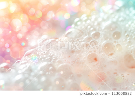 Close up of soapy foam texture as a background. Macro shot of bubbles with shimmering effect on the surface 113008882