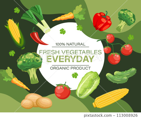 Design template with fresh vegetables, natural products, organic food. Illustration, poster, vegetable background banner. Vector Design template with fresh vegetables, natural products, organic food. Illustration, poster, vegetable background banner. Vector 113008926