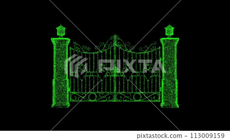 3D Wrought iron gates on black background. Architectural concept. Iron gates with columns. Business advertising backdrop. For title, text, presentation. 3d animation 3D Wrought iron gates on black background. Architectural concept. Iron gates with columns. Business advertising backdrop. For title, text, presentation. 3d animation 113009159