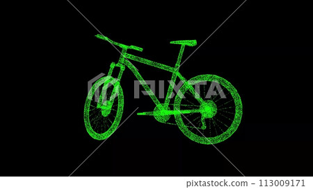 3D Bicycle on black background. Sports concept. Sport Bike. Business advertising backdrop. For title, text, presentation. 3d animation 113009171