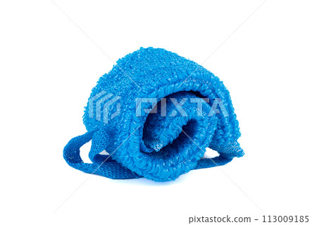 Spun blue sponge made of polypropylene strands insulated on a white background. Spun blue sponge made of polypropylene strands insulated on a white background. 113009185