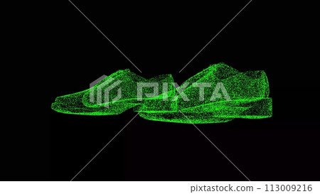 3D Men's Shoes on black background. Shoes concept. Fashionable Shoes. Business advertising backdrop. For title, text, presentation. 3d animation 113009216