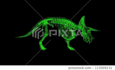 3D Dinosaur skeleton on black background. Archaeological concept. Prehistoric Animals. Business advertising backdrop. For title, text, presentation. 3d animation 113009232