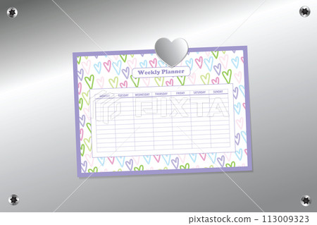Weekly planner template with silver heart shape magnet on silver pin board background surface with torx screws 113009323