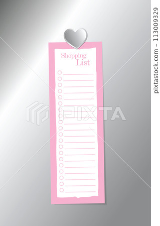 Shopping list with silver heart shape magnet on silver background surface Shopping list with silver heart shape magnet on silver background surface 113009329