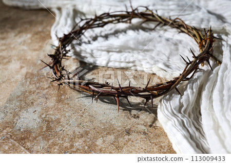 Easter background. Crown Of Thorns with white shroud. Crucifixion Of Jesus Christ Easter background. Crown Of Thorns with white shroud. Crucifixion Of Jesus Christ 113009433